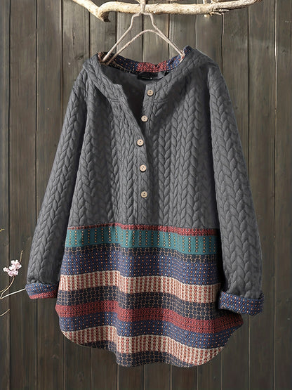 Plus Size Colorblock Half Button Up Pullover Coat, Women's Plus Casual Long Sleeve Coat