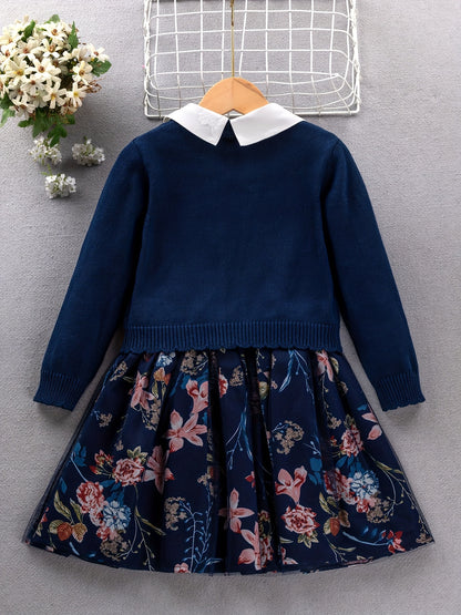 2PCS, 57% cotton Girl's Princess-Style Doll Collar Dress + Long-Sleeve Knit Cardigan - Comfy Fit And Fashion Design - Spring & Fall Clothes, Gift