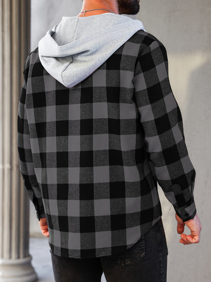 Men's Plus Size Plaid Hooded Jacket - Casual Button-Up Shirt with Pockets, Machine Washable, PLUS SIZE