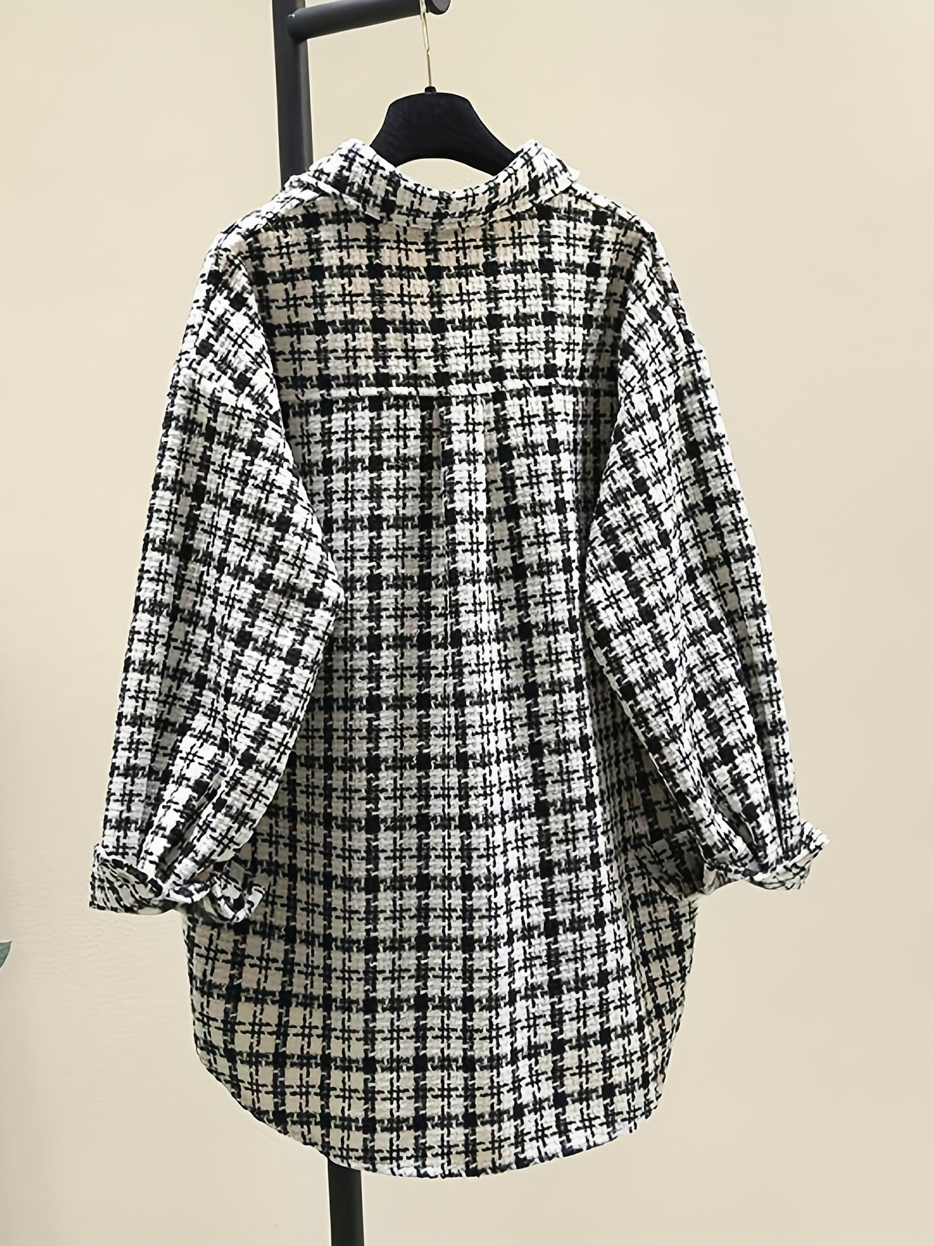 dunnmall  Tweed Plaid Drop Shoulder Jacket, Elegant Long Sleeve Jacket For Fall & Winter, Women's Clothing