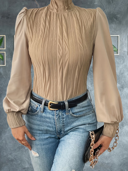 dunnmall  Solid Ruched Blouse, Casual High Neck Long Sleeve Versatile Blouse, Women's Clothing