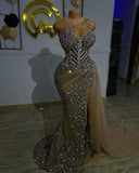 Plus Size Arabic Aso Ebi Gold Luxurious Mermaid Prom Dresses Beaded Crystals Evening Formal Party Second Reception Birthday Engagement Gowns Dresses