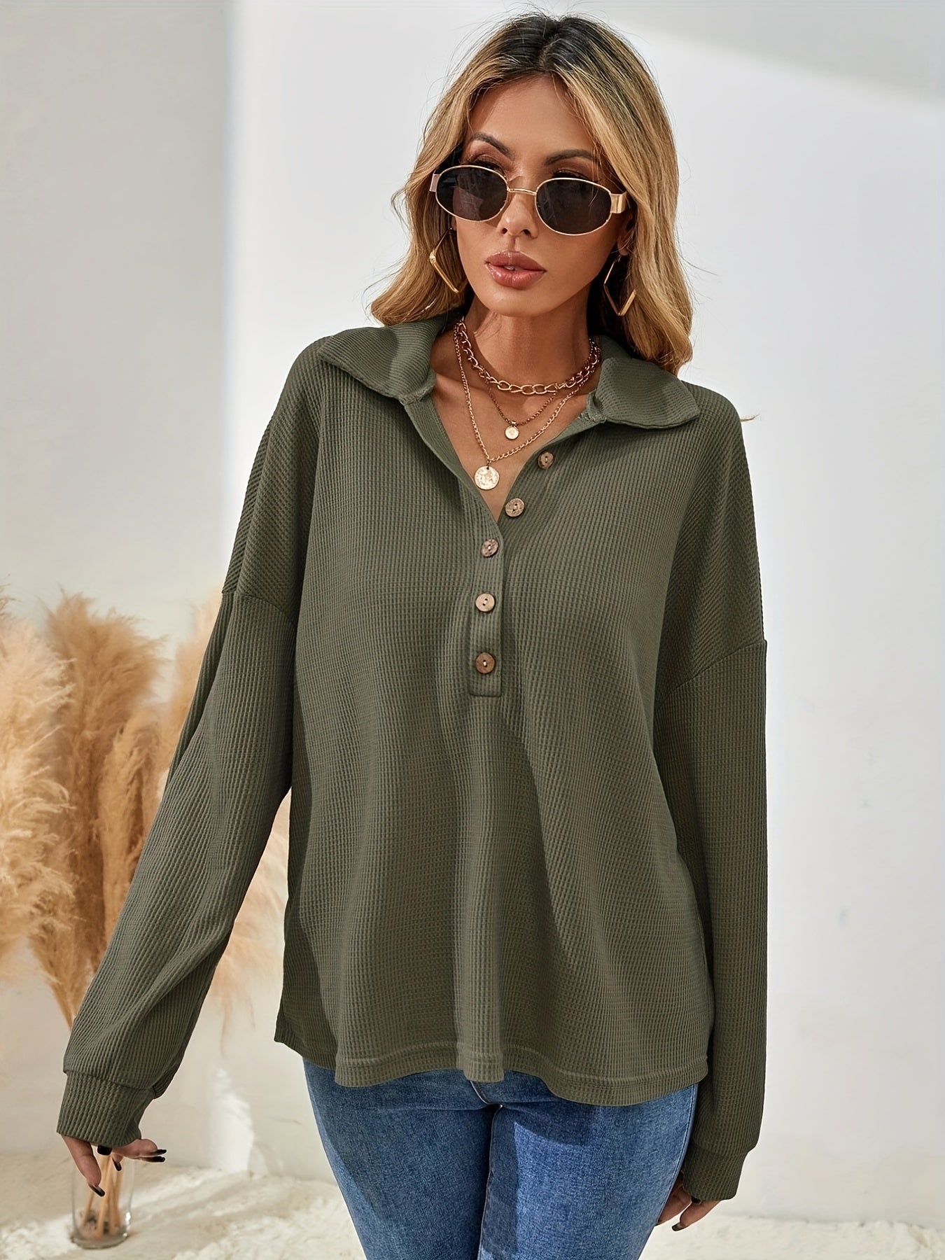 dunnmall  Textured Half Button Pullover Sweatshirt, Casual Long Sleeve Lapel Sweatshirt For Fall & Winter, Women's Clothing