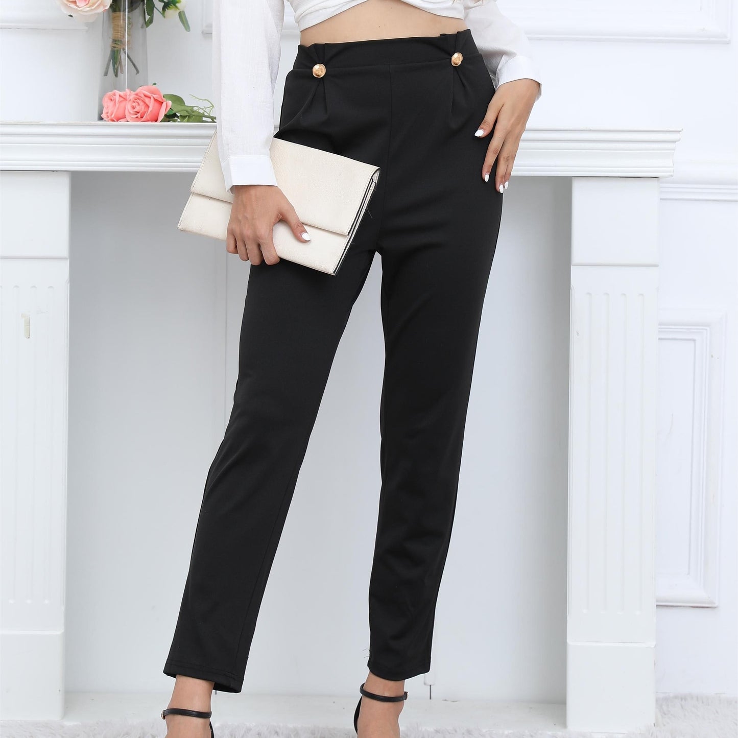 Solid High Waist Straight Leg Trouser, Casual Every Day Pants For Spring & Fall, Women's Clothing