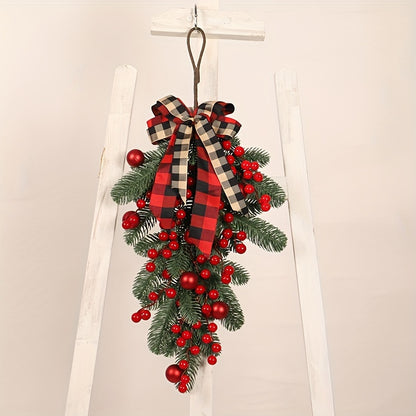 Vibrant Christmas PE Pine Swag Garland - Lush Greenery with Red Berries, Plaid Ribbon, and Versatile Hanging Options for Home Decor, Seasonal Spring Decor, and Festive Holiday Decorations - No Container Needed