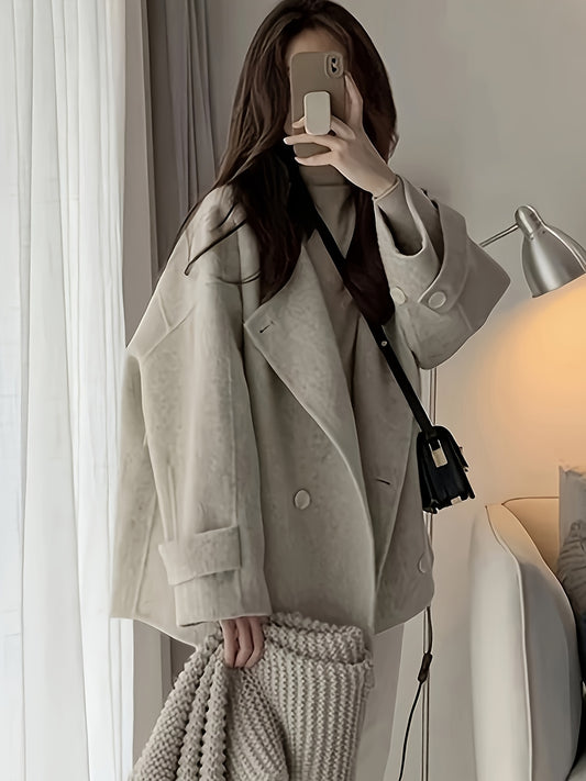 dunnmall Solid Color Open Front Jacket, Vintage Lapel Neck Button Front Long Sleeve Jacket For Winter, Women's Clothing