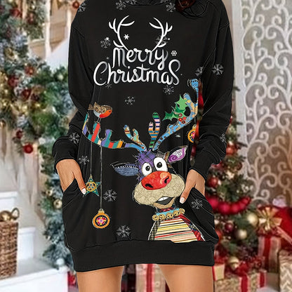 dunnmall  Christmas Print Casual Hoodie Dress Long Sleeve Hooded Dress