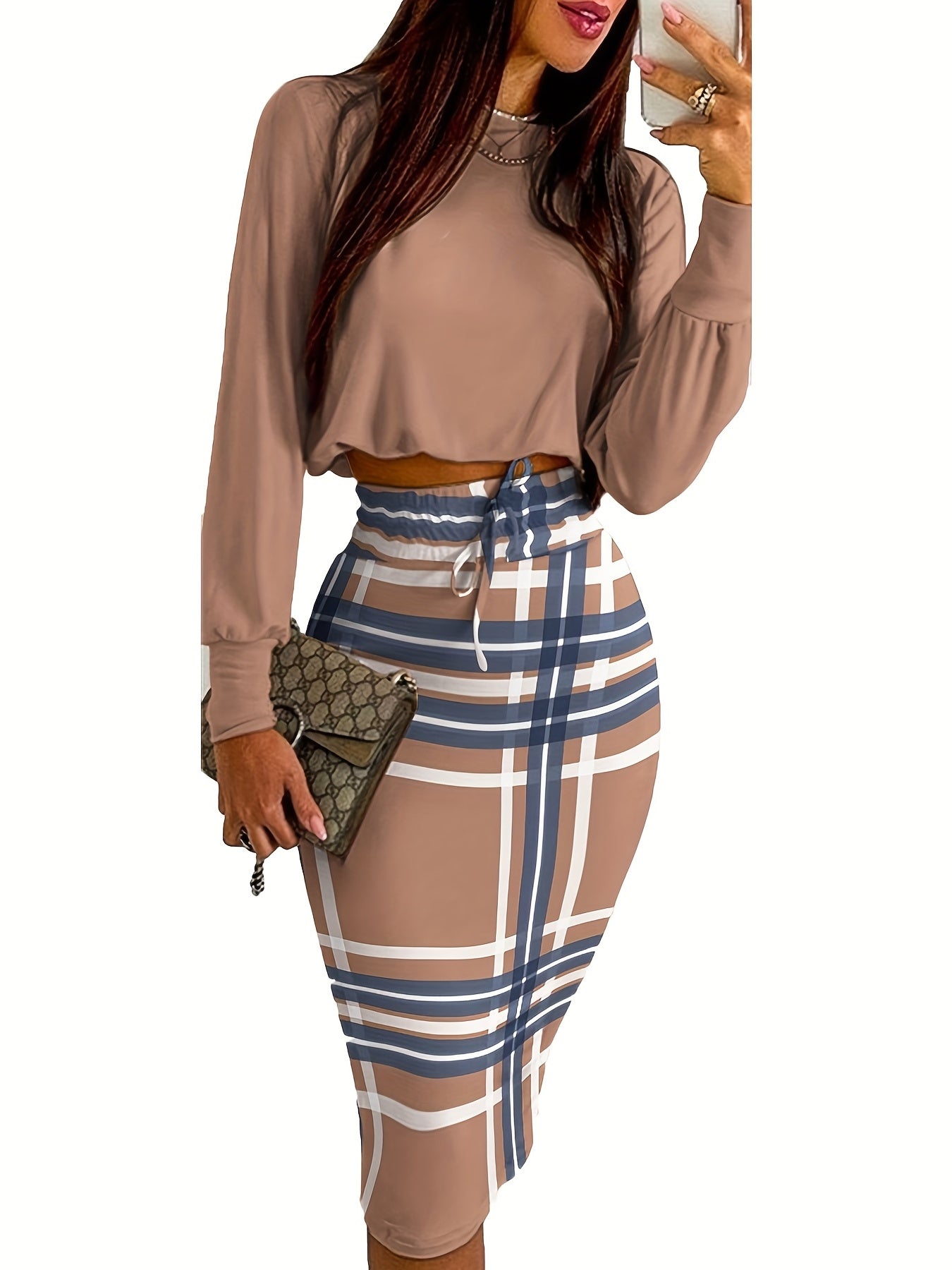 dunnmall  Casual Spring & Fall Two-piece Set, Solid Long Sleeve Tops & Plaid Print Split Skirts Outfits, Women's Clothing