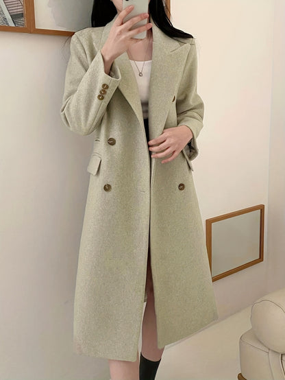 dunnmall Solid Color Double-breasted Coat, Casual Long Sleeve Lapel Coat For Fall & Winter, Women's Clothing