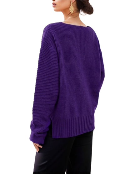 dunnmall  Solid Rib Knit Sweater, Casual V Neck Long Sleeve Sweater, Women's Clothing