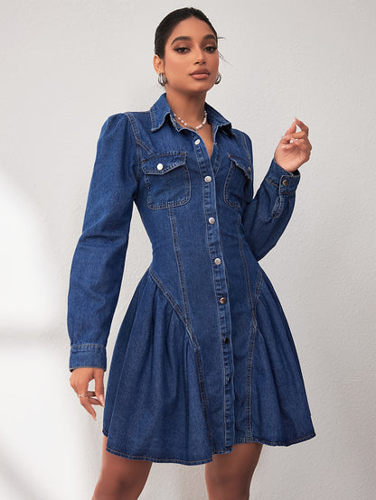 dunnmall  Ruffled Single-breasted Long Sleeve Denim Dress, Lapel Plain Washed Blue Retro Elegant Denim Dress, Women's Denim Jeans & Clothing