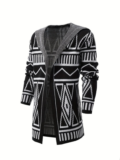 Elegant Slightly Stretch Ethnic Retro Cardigan, Men's Casual Vintage Style V Neck Cardigan Sweater Coat For Fall Winter