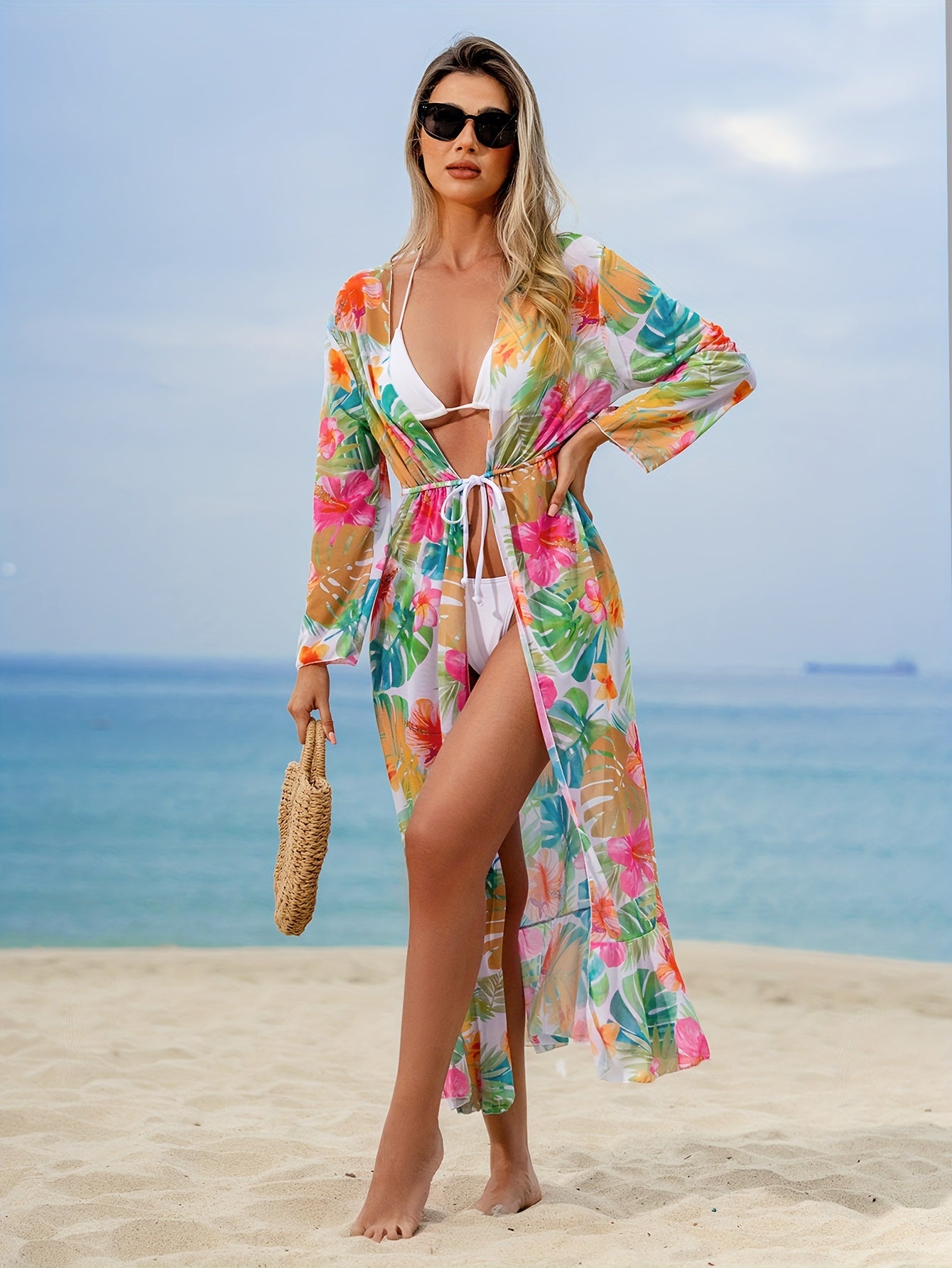 Tropical Print 3 Piece Set Bikini, Halter V Neck High Cut With Long Sleeves Cover Up Shirt Swimsuits, Women's Swimwear & Clothing