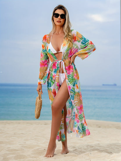 Tropical Print 3 Piece Set Bikini, Halter V Neck High Cut With Long Sleeves Cover Up Shirt Swimsuits, Women's Swimwear & Clothing