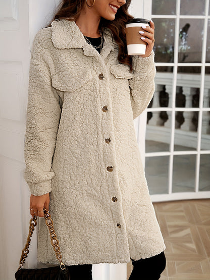 dunnmall  Button Front Solid Teddy Coat, Casual Long Sleeve Winter Outerwear, Women's Clothing