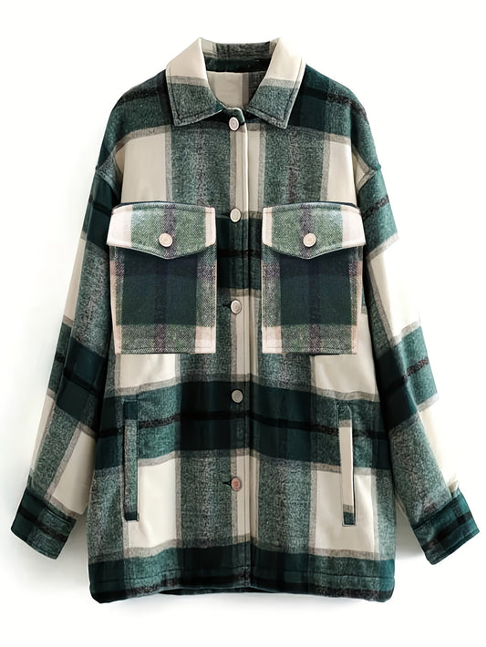 Plaid Pattern Flap Pockets Jacket, Versatile Drop Shoulder Long Sleeve Jacket For Fall & Winter, Women's Clothing