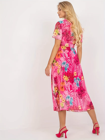 dunnmall  Floral Print Pleat Dress With Belt, Boho Surplice Neck Short Sleeve Dress For Spring & Summer, Women's Clothing