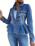 Plus Size Chic Denim Jacket - Washed Long Sleeve, Ruffle Trim, Turn-Down Collar - Versatile Fashion for Everyday Wear