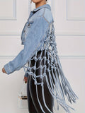 Back Woven Mesh Tassel Hem Denim Jacket, Hollow Out Knotted Cropped Denim Coats, Women's Denim Jackets & Clothing