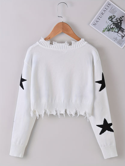 dunnmall  Girls Knitwear Stars Jacquard Casual Long Sleeve Knit Sweater