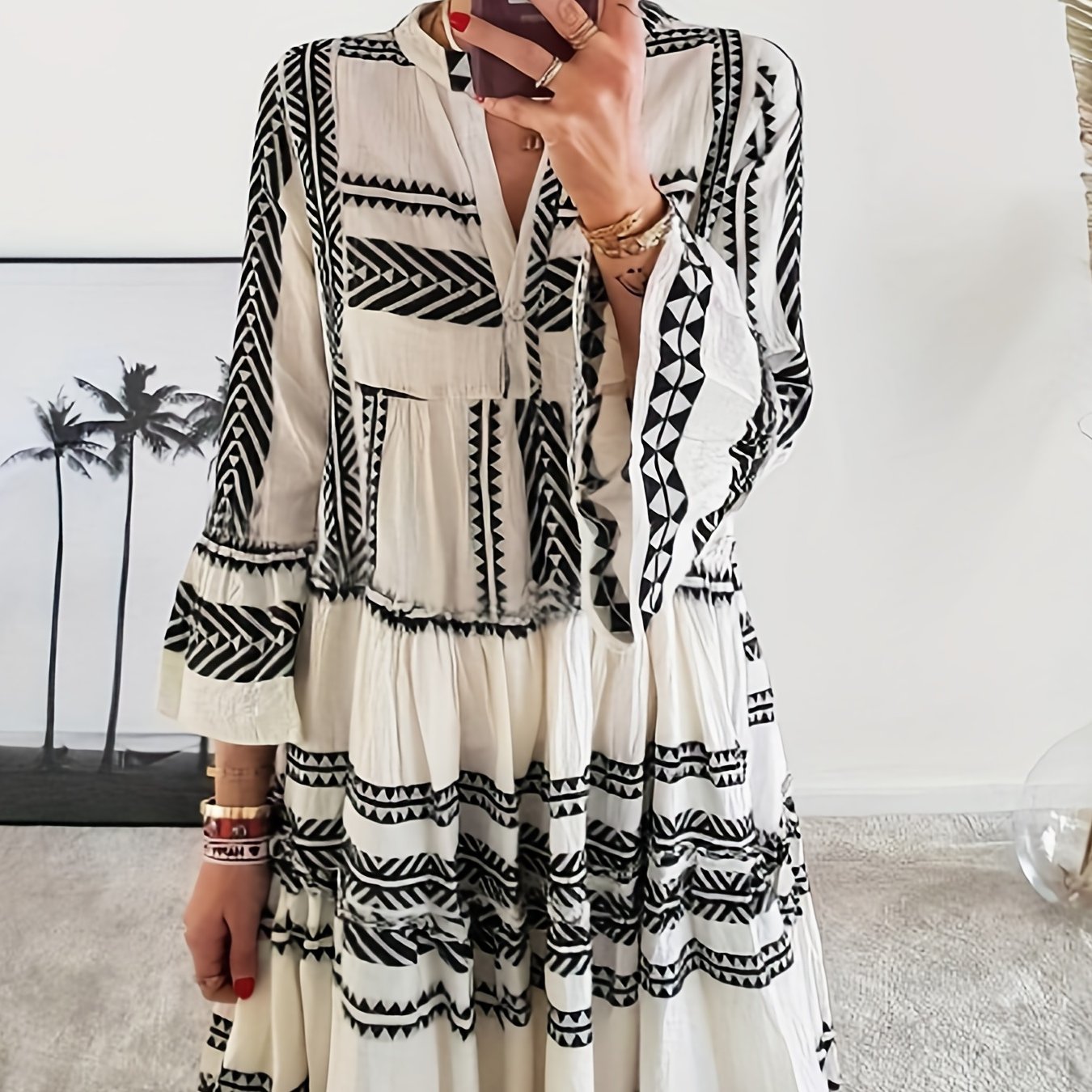 Tribal Print Dress, Vacation Pleated Flared Sleeve Dress, Women's Clothing