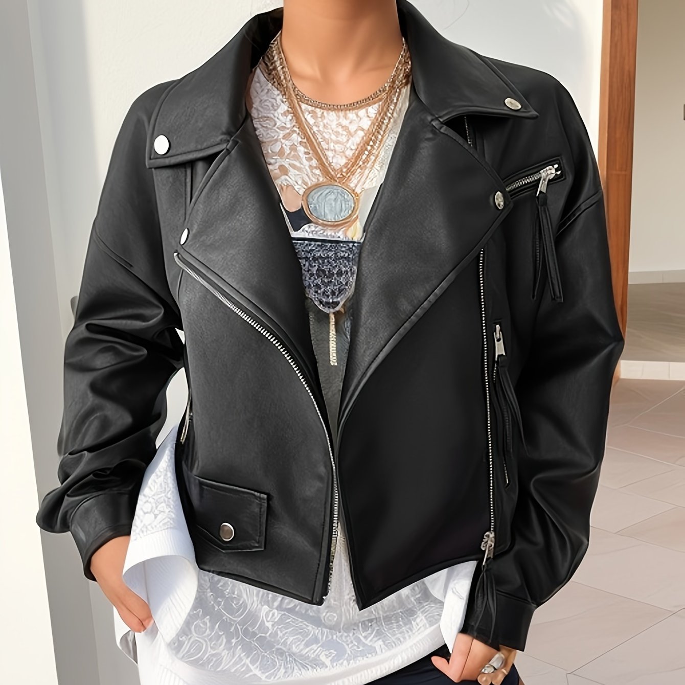 dunnmall  Faux Leather Zip-up Jacket, Casual Long Sleeve Lapel Biker Jacket For Fall & Winter, Women's Clothing