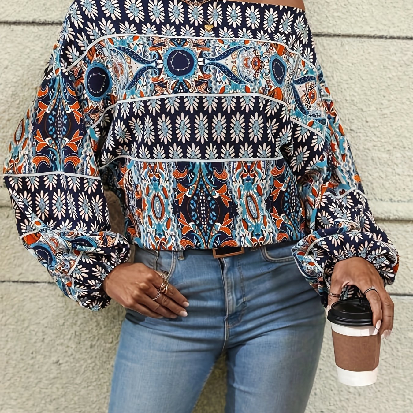 dunnmall  Ethnic Graphic Print Blouse, Casual Off Shoulder Long Sleeve Blouse, Women's Clothing