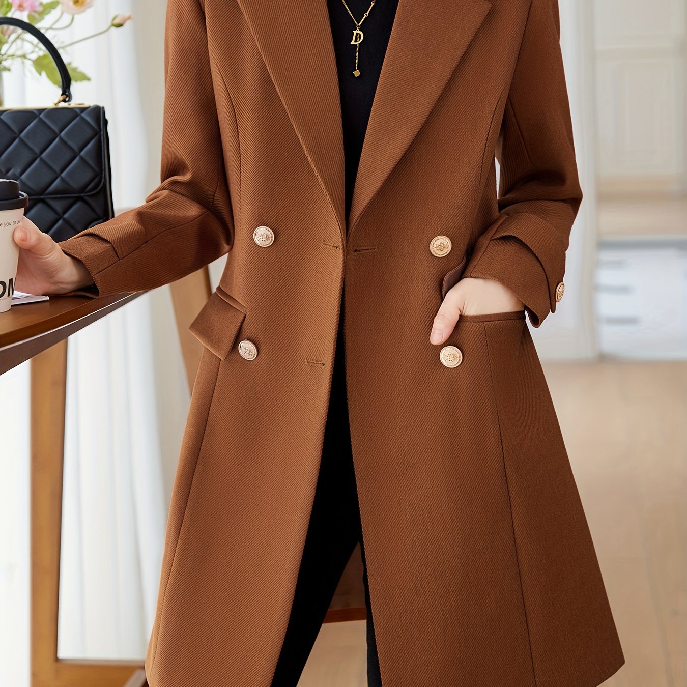 Solid Double Breasted Lapel Overcoat, Elegant Long Sleeve Mid Length Coat  For Fall & Winter, Women's Clothing