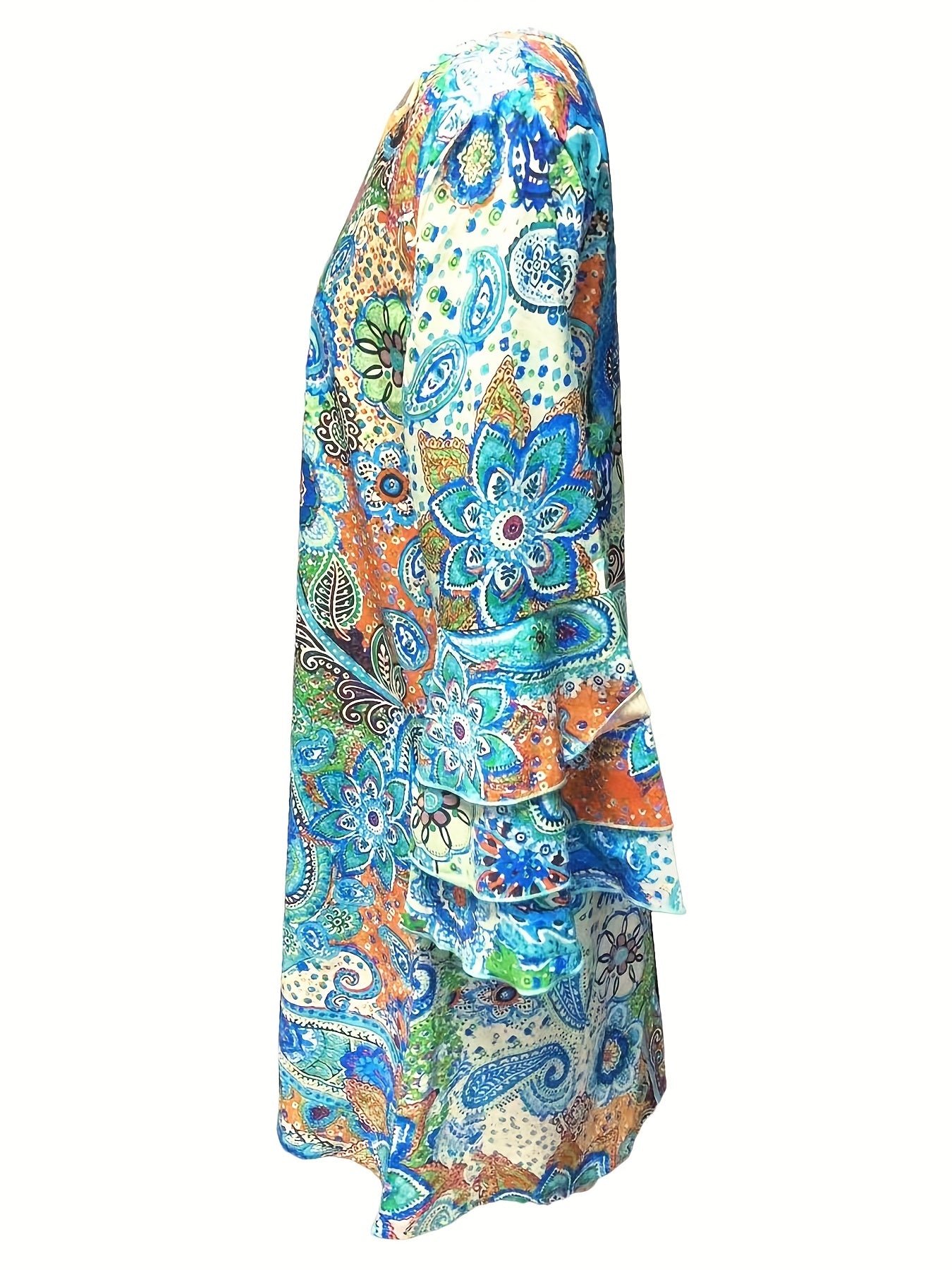 Paisley Print Layered Dress, Vacation V Neck Flared Sleeve Dress, Women's Clothing