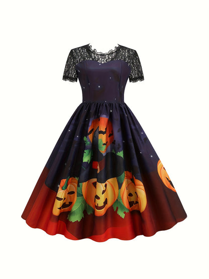 Halloween Witch & Castle Print Lace Stitching Dress, Elegant Ruffle Hem Swing Aline Dress, Women's Clothing