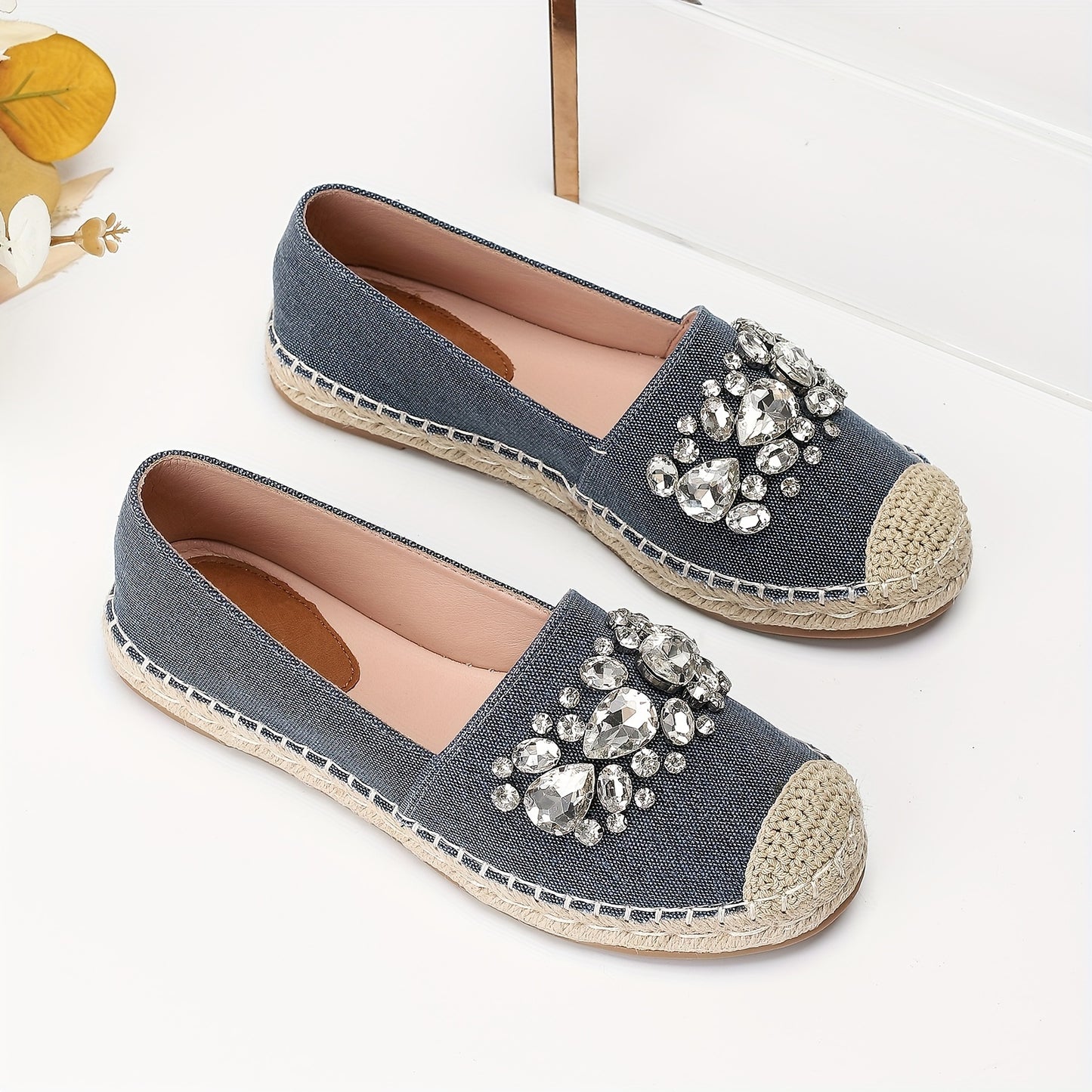 Womens Sparkling Rhinestone Denim Espadrilles - Comfortable Slip-on Loafers for Beach Vacations - Stylish Casual Fisherman Shoes, Resort Chic Style