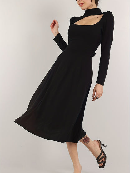 dunnmall  Cut Out Mock Neck Dress, Sexy Long Sleeve Solid Midi Dress, Women's Clothing