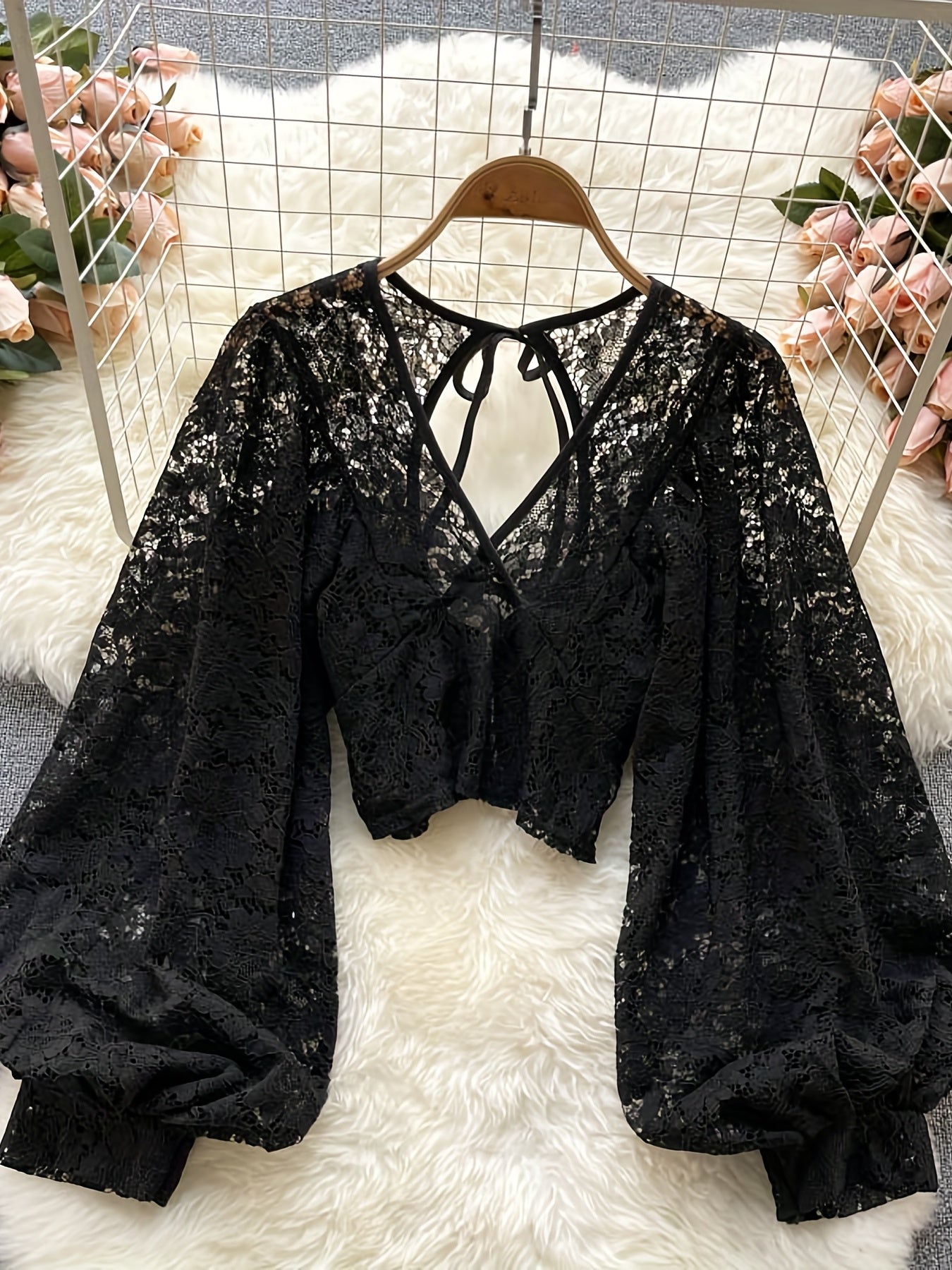 dunnmall  Semi-sheer Floral Lace Tie Top, Casual V Neck Back Zipper Long Lantern Sleeve Blouse, Women's Clothing