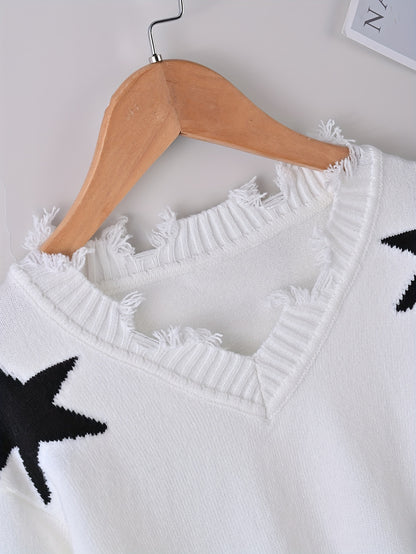 dunnmall  Girls Knitwear Stars Jacquard Casual Long Sleeve Knit Sweater