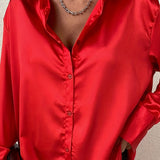 Solid Button Front Shirt, Casual Satin Long Sleeve Collar Shirt, Women's Clothing