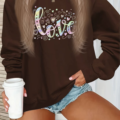 Cartoon Love Print Pullover Sweatshirt, Cute Long Sleeve Crew Neck Sweatshirt, Women's Clothing