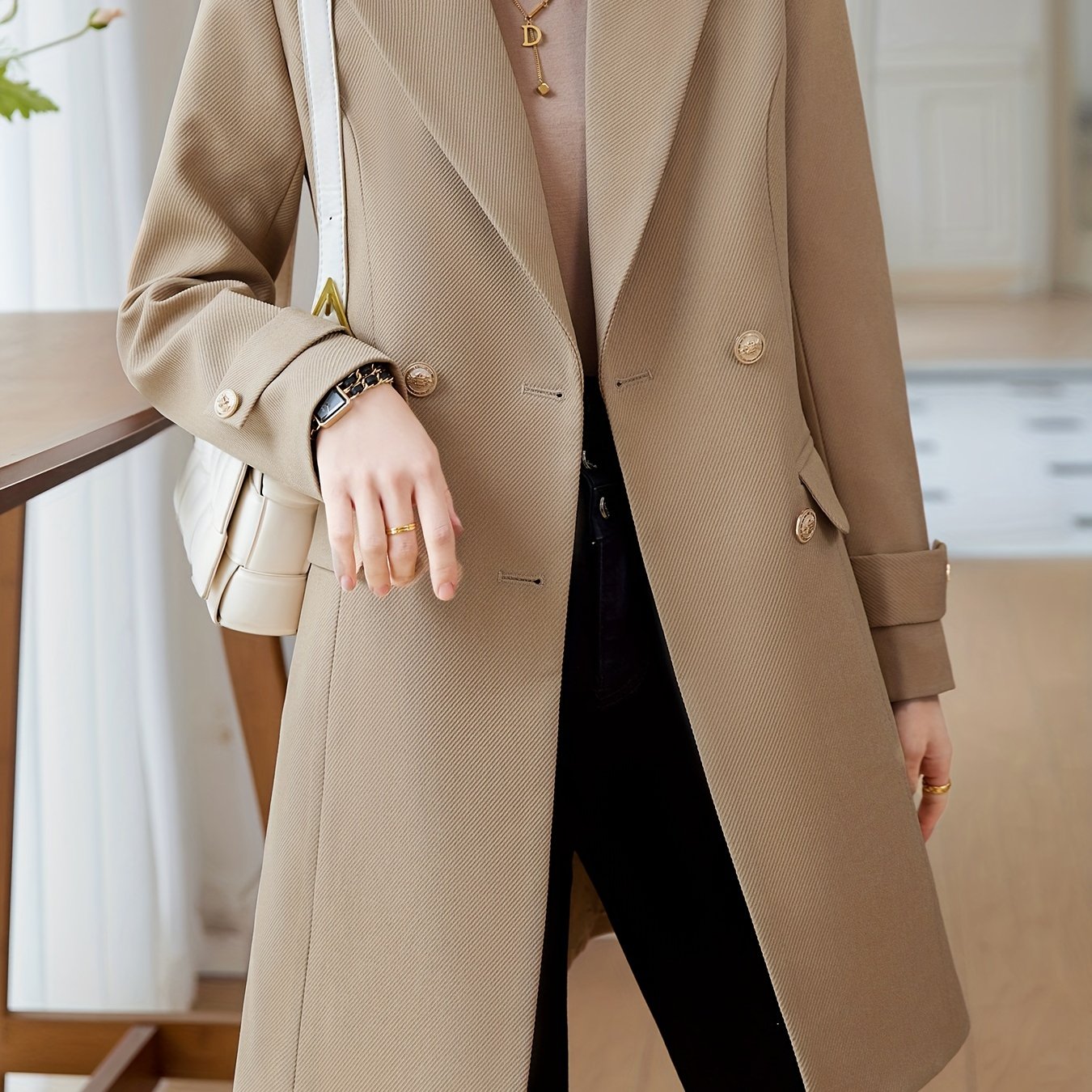 Solid Double Breasted Lapel Overcoat, Elegant Long Sleeve Mid Length Coat  For Fall & Winter, Women's Clothing