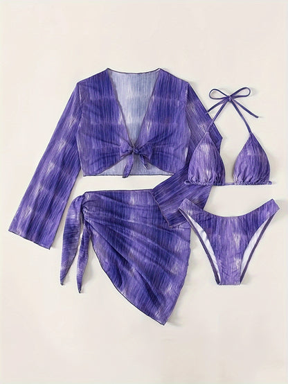 Tie Dye 4 Piece Set Bikini, Halter V Neck High Cut With Long Sleeves Cover Up Shirt & Skirt Swimsuits, Women's Swimwear & Clothing