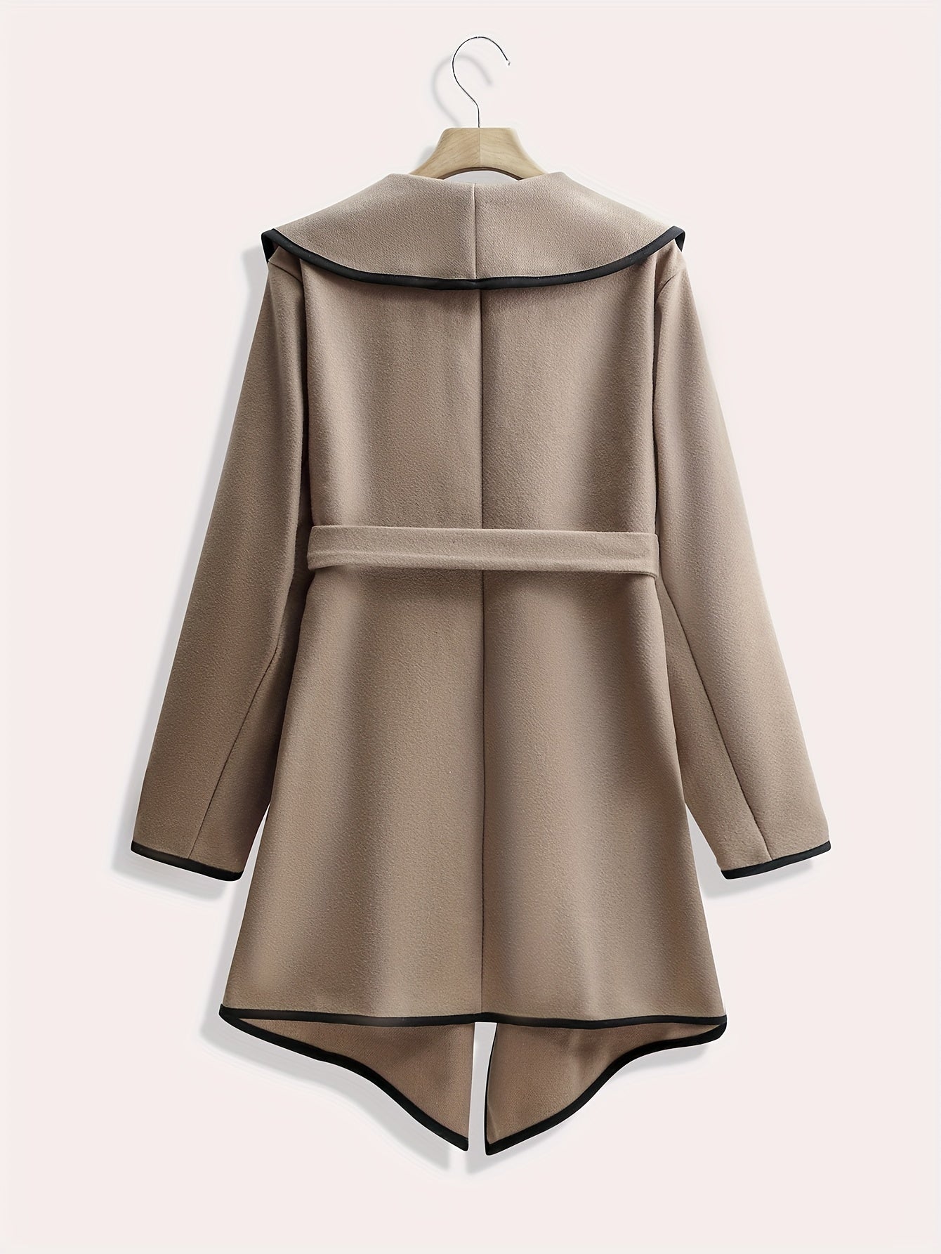 Plus Size Elegant Coat, Women's Plus Solid Long Sleeve Open Front Waterfall Collar Asymmetric Hem Overcoat With Belt