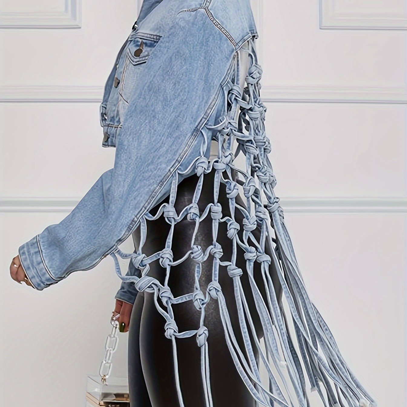 Back Woven Mesh Tassel Hem Denim Jacket, Hollow Out Knotted Cropped Denim Coats, Women's Denim Jackets & Clothing