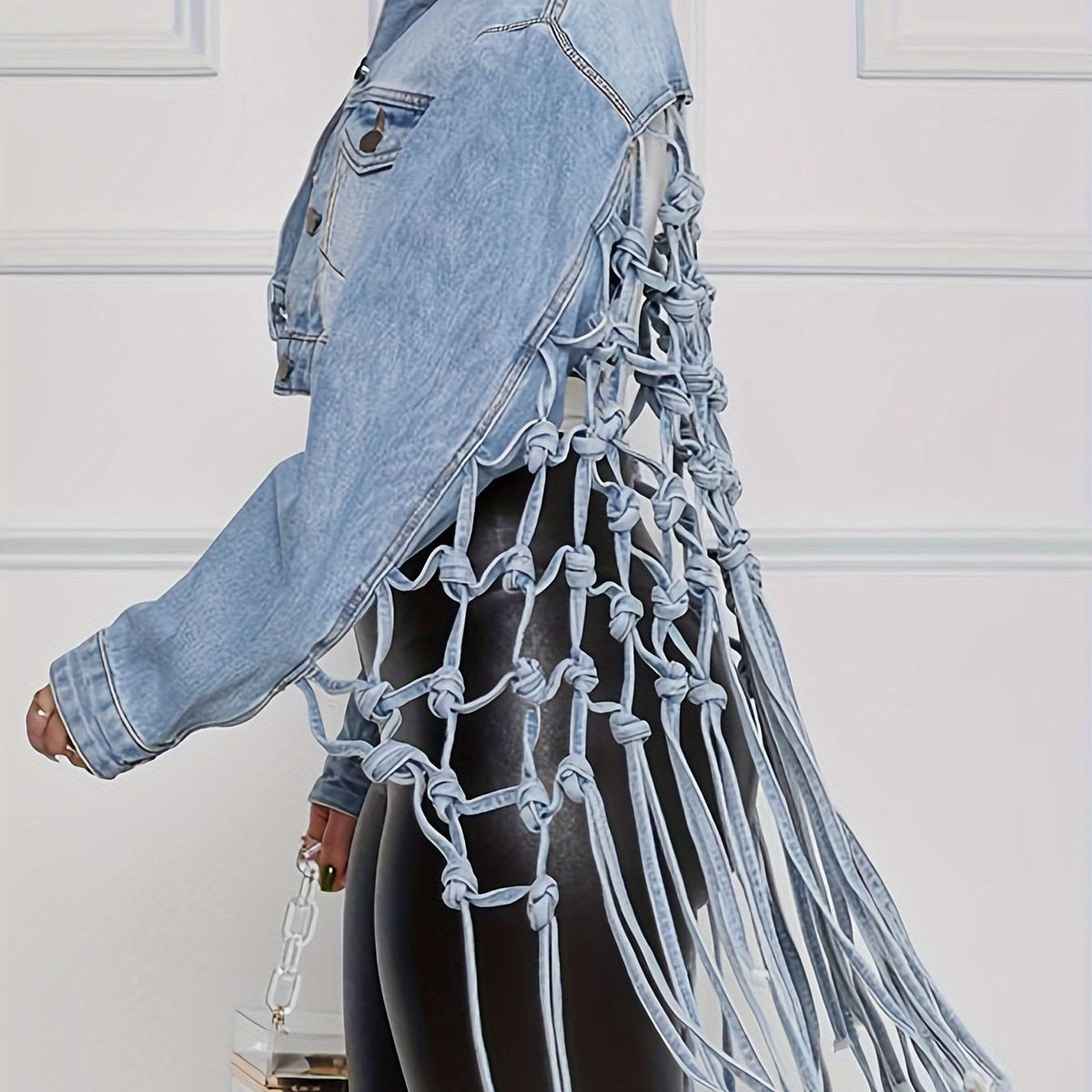 Back Woven Mesh Tassel Hem Denim Jacket, Hollow Out Knotted Cropped Denim Coats, Women's Denim Jackets & Clothing