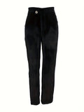 Solid High Waist Rib Knit Pants, Elegant Button Slim Pants For Fall & Winter, Women's Clothing