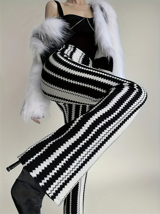 Striped Print Flared Leg Pants, Elegant High Waist Slim Pants, Women's Clothing