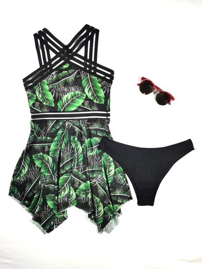 dunnmall  Leaf Print Contrast Mesh 2 Pieces Swimsuit, Criss Cross Neck High Cut Casual Beachwear Bathing Suit, Women's Swimwear & Clothing