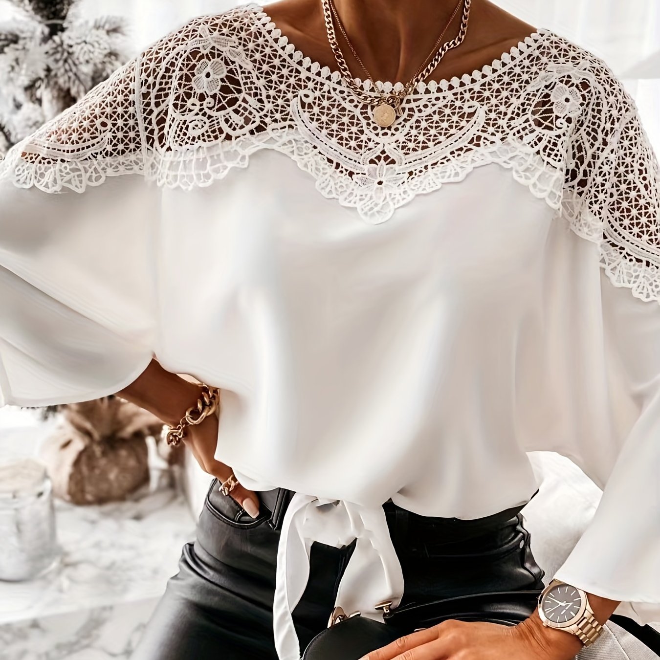 dunnmall  Lace Splicing Batwing Sleeve Blouse, Casual Solid Off Shoulder Summer Blouse, Women's Clothing