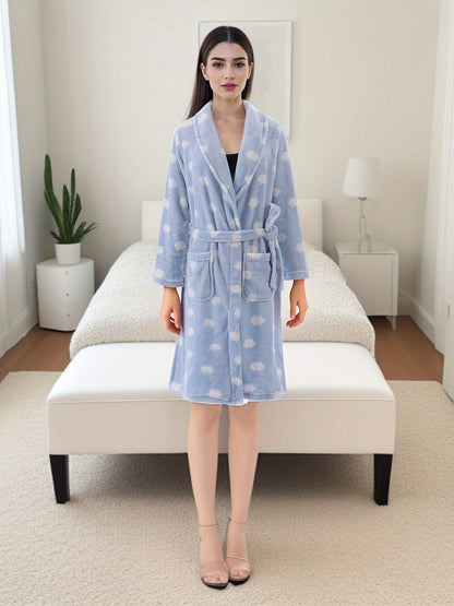 Casual Cloud Pattern Fleece Thickened Night Robe, Long Sleeve Lapel Pocketed Robe With Belt, Women's Sleepwear & Dresses For Fall & Winter