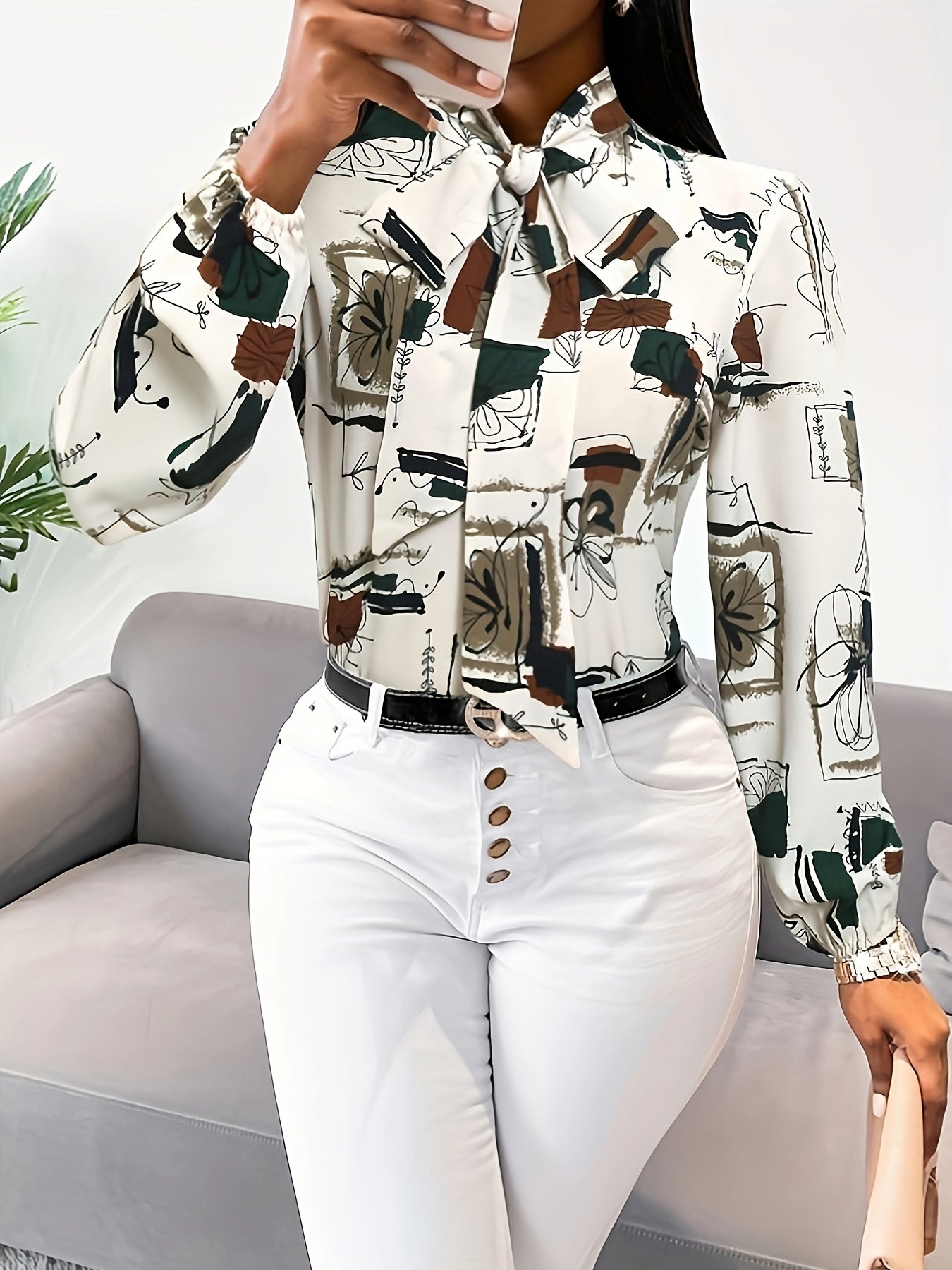 Abstract Print Tie Neck Blouse, Casual Long Sleeve Work Office Blouse, Women's Clothing