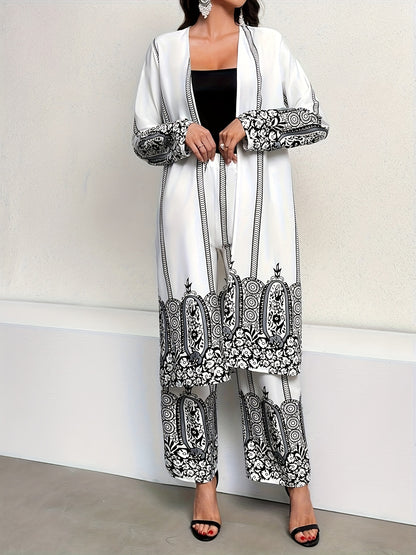 Tribal Print Matching Two-piece Set, Casual Open Front Long Sleeve Top & Wide Leg Pants Outfits, Women's Clothing