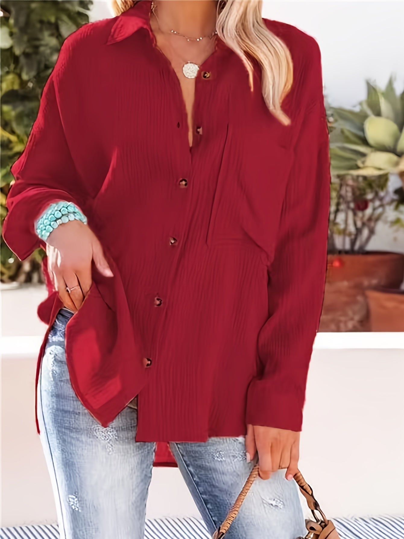 dunnmall  Plus Size Casual Shirt, Women's Plus Solid Button Up Long Sleeve Loose Collared Plain Blouse Top