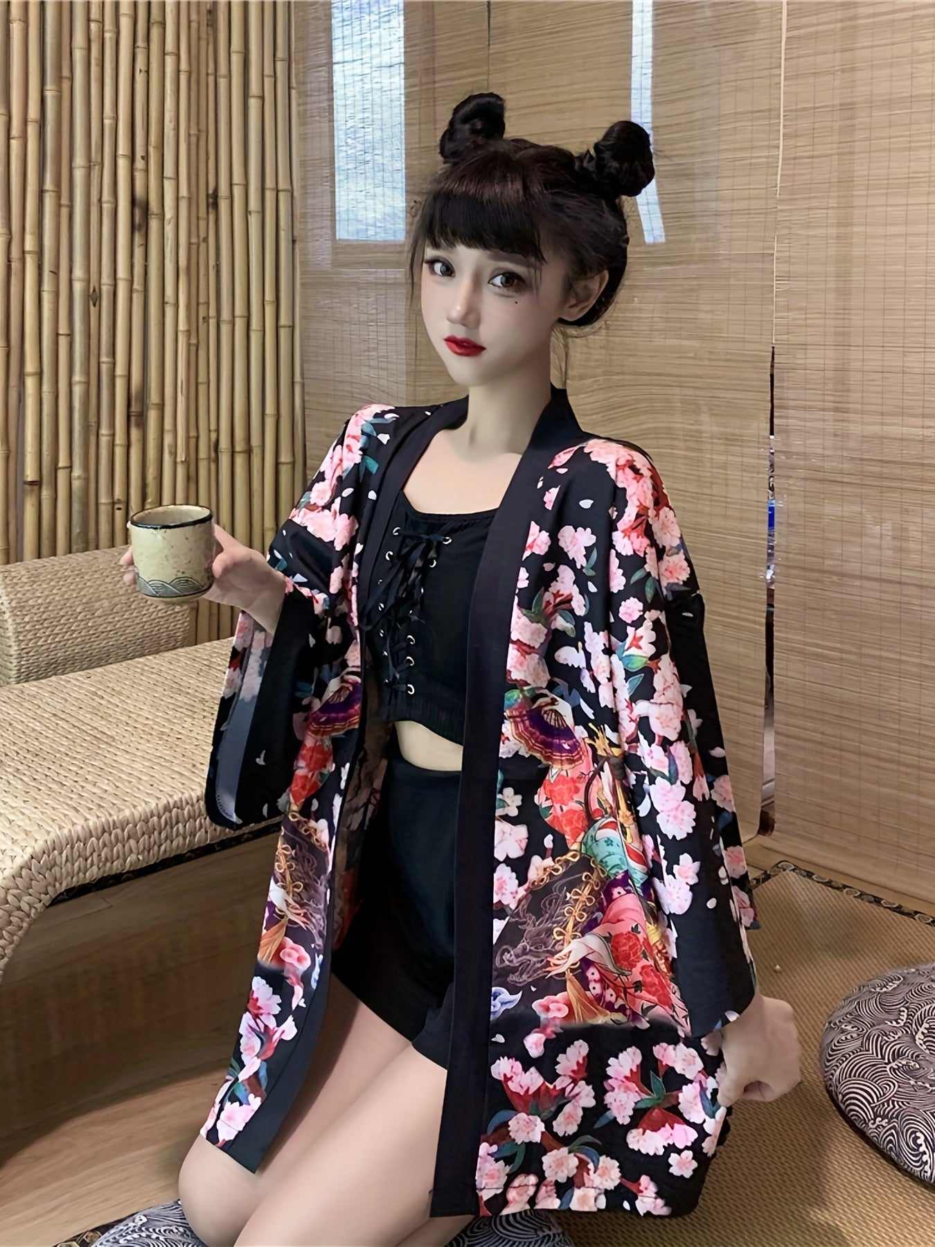 Graphic Print Open Front Kimono, Casual Cover Up Kimono For Spring & Summer, Women's Clothing